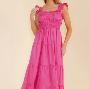 Solid Ruffle Sleeve Tiered Layered Maxi Dress